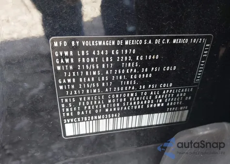 2022 Volkswagen Taos 1.5T S из США, поврежденный, VIN 3VVCX7B28NM035942